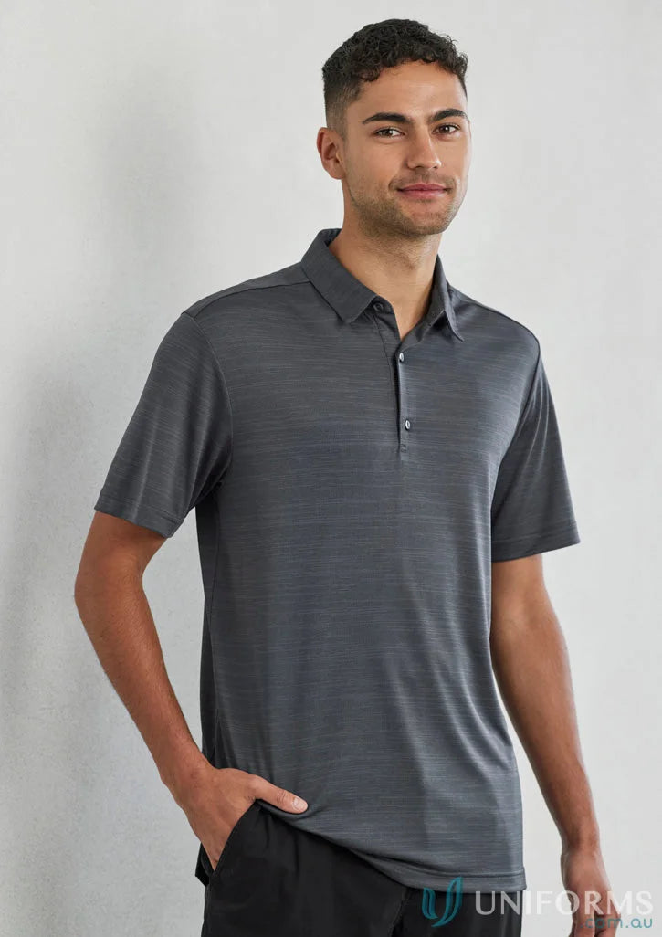 Man in gray Orbit Polo shirt made of certified recycled polyester, P410MS, short sleeve style