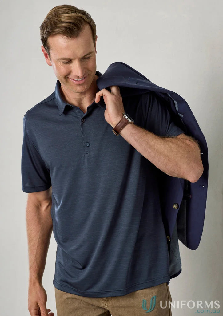Man in navy Orbit Polo short sleeve with blazer, p410ms, made from certified recycled polyester