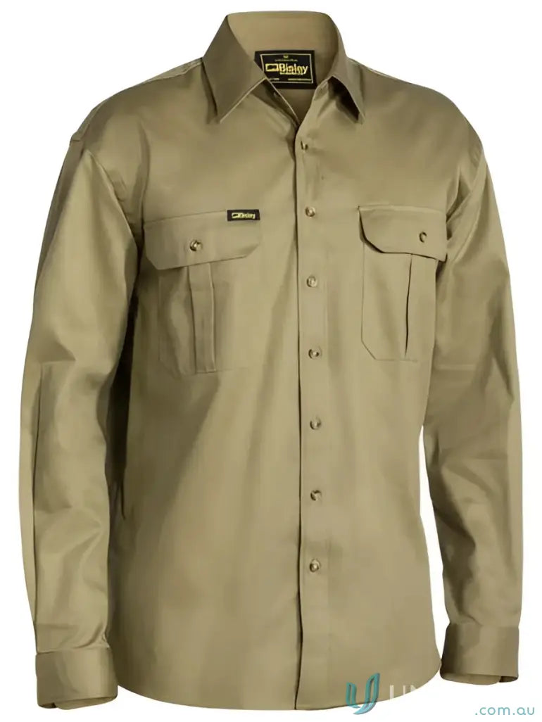 Men’s long-sleeved khaki work shirt in original cotton drill with chest pockets