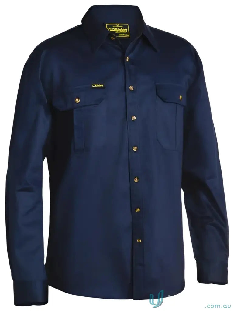 Dark blue original cotton drill LS shirt with gold buttons and chest pockets