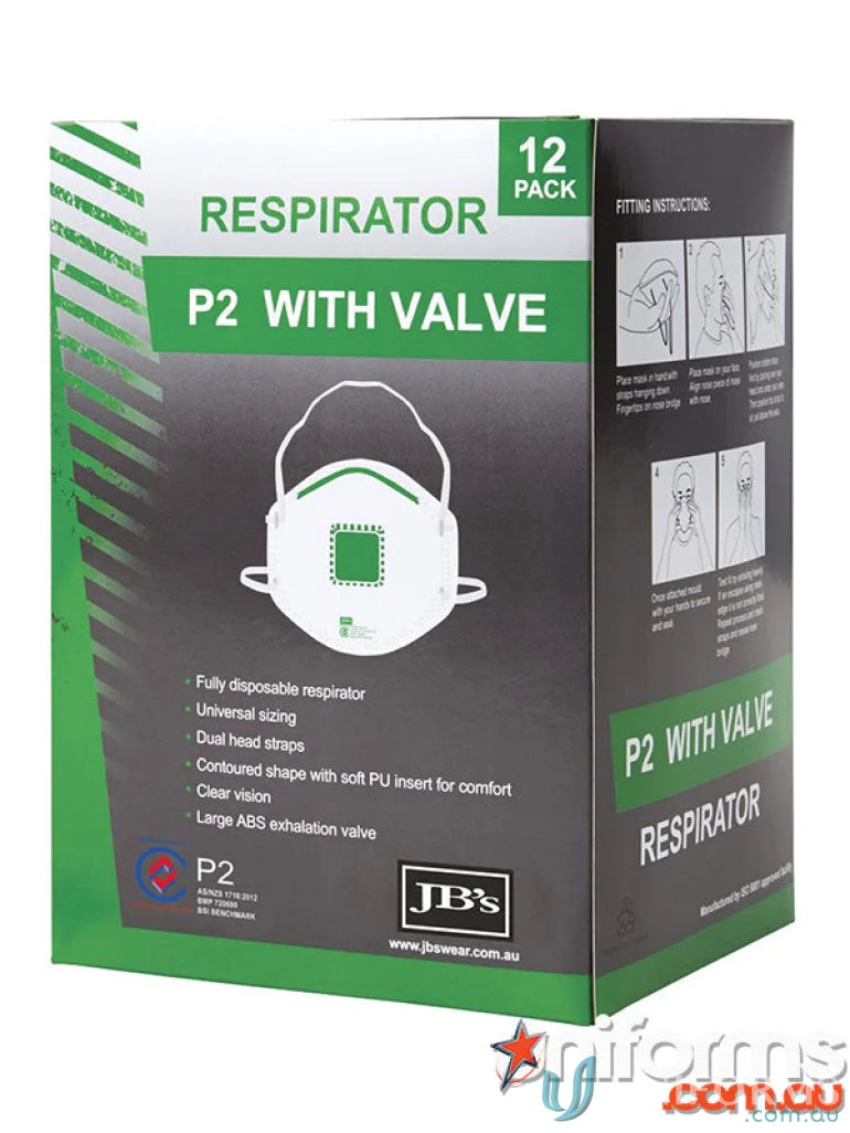 Box of P2 respirators with valves for workwear and work uniforms protection