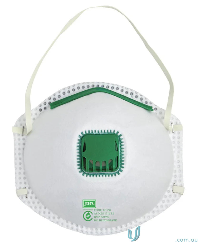 White respirator mask with green valve for work uniforms and workwear protection