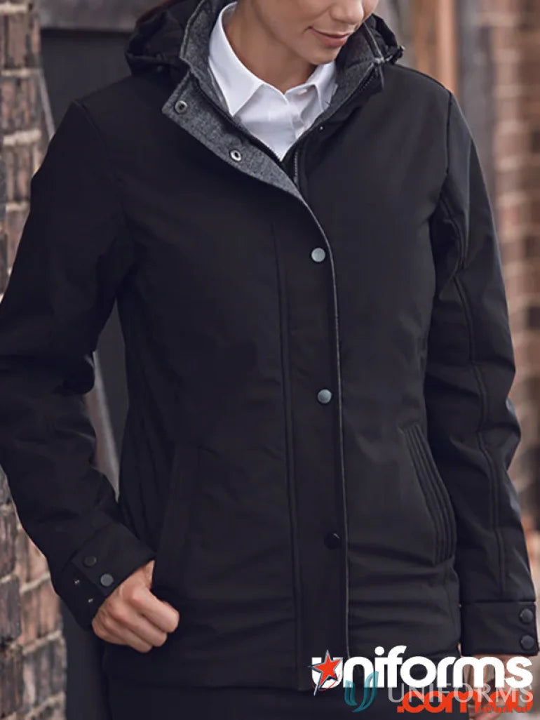 Black hooded jacket from Parklands Ladies Jacket collection with added length and detachable hood