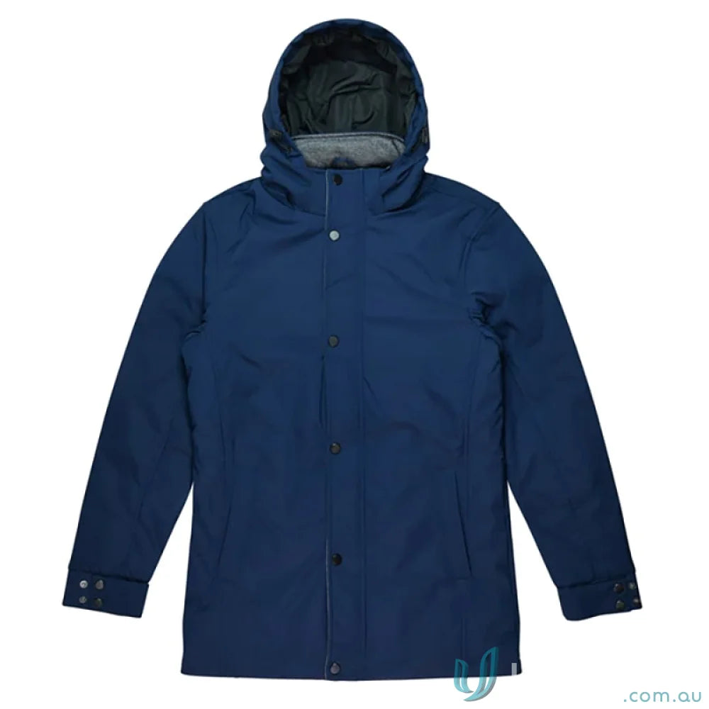 Blue hooded button-up jacket from Parklands Mens Jacket, ideal for work uniforms or casual workwear