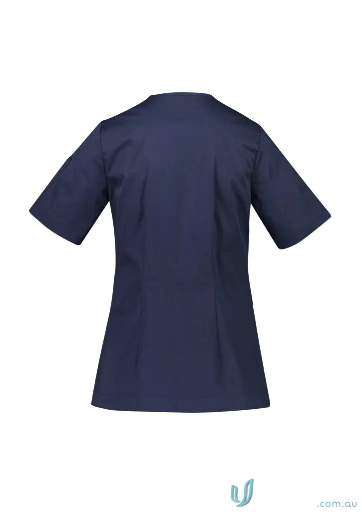 Navy blue Parks Zip Front Crossover Scrub Top with silverplus® antibacterial treatment and double-tacked stress points