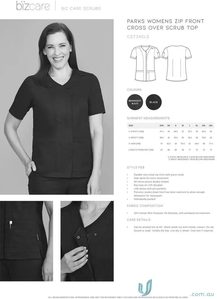 Women’s zip-front scrub top featuring SilverPlus antibacterial treatment and double-tacked stress points cst240ls