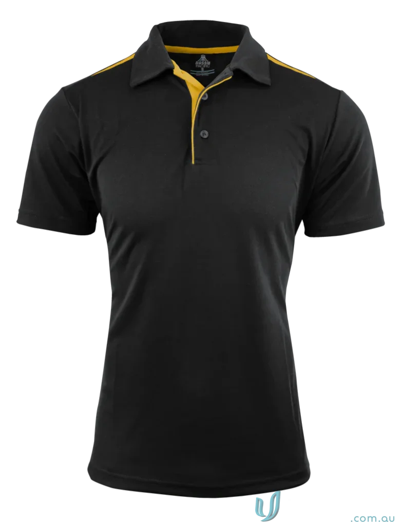 Paterson Polo black fabric polo shirt with yellow trim, great for uniforms and workwear