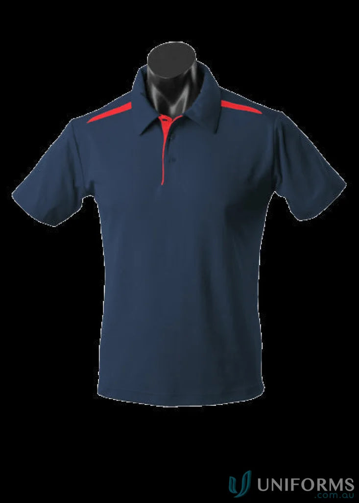 Navy Paterson Polo shirt with red accents, perfect for uniforms and workwear on fabric