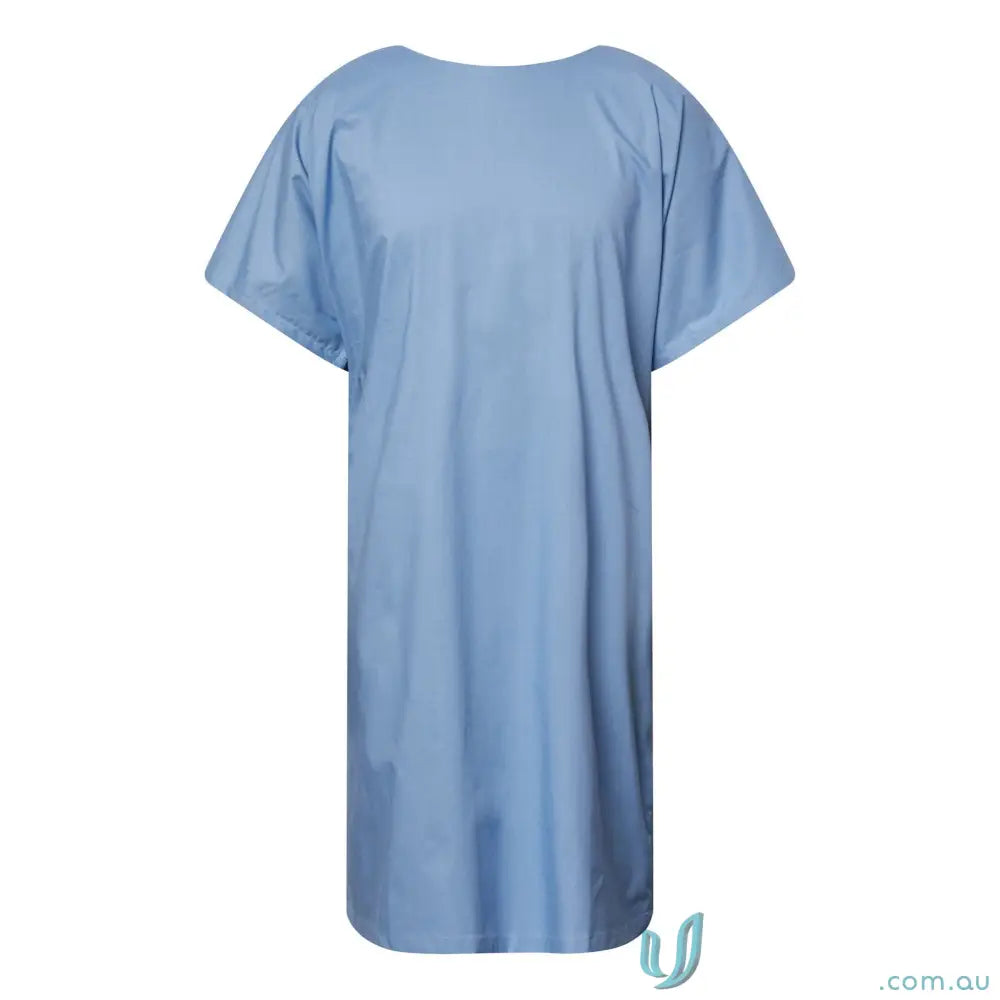 Light blue medi8 patient gown with front-opening design for healthcare professionals