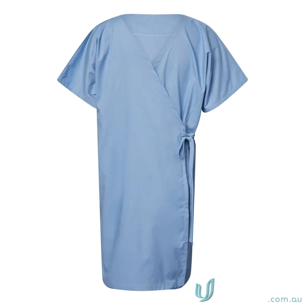 Light blue medi8 patient gown with front-opening design for healthcare professionals