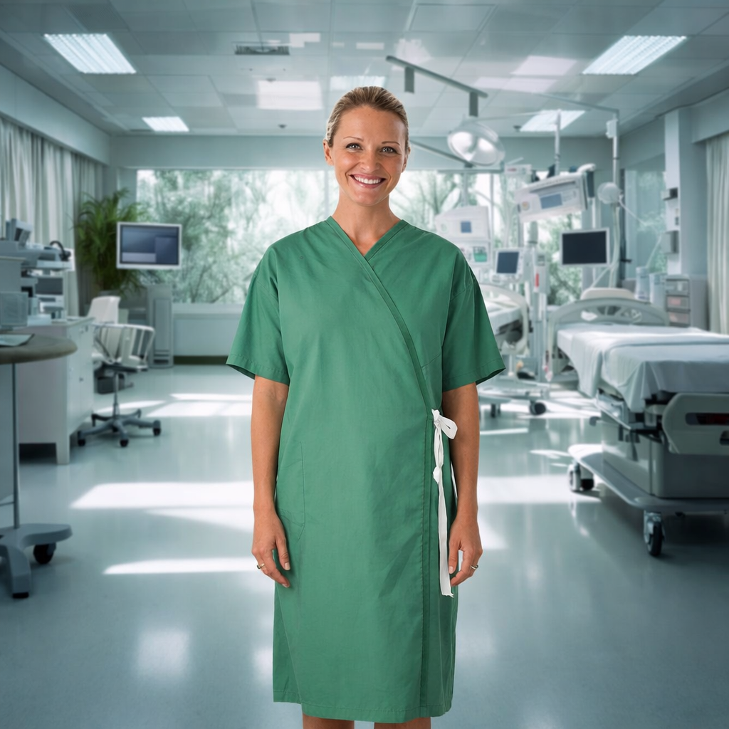 Green short-sleeve patient gown in poplin fabric with white tie belt