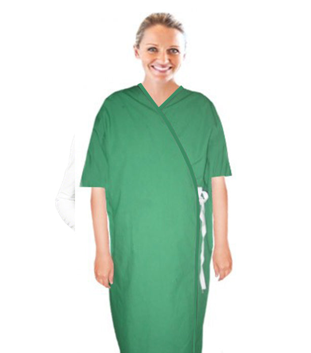 Green short sleeve patient gown in poplin fabric with side ties