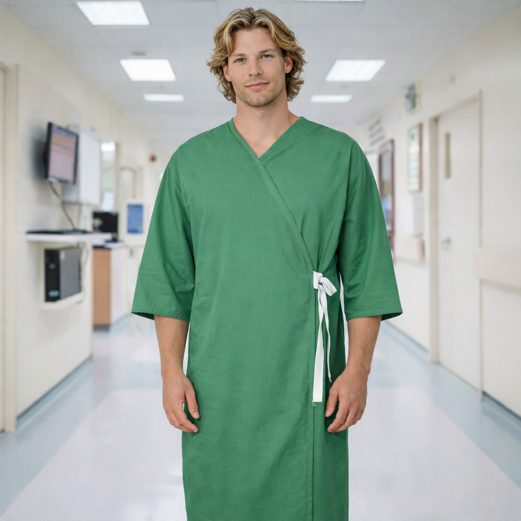 Green patient three quarter sleeve gown with white tie belt, poplin fabric