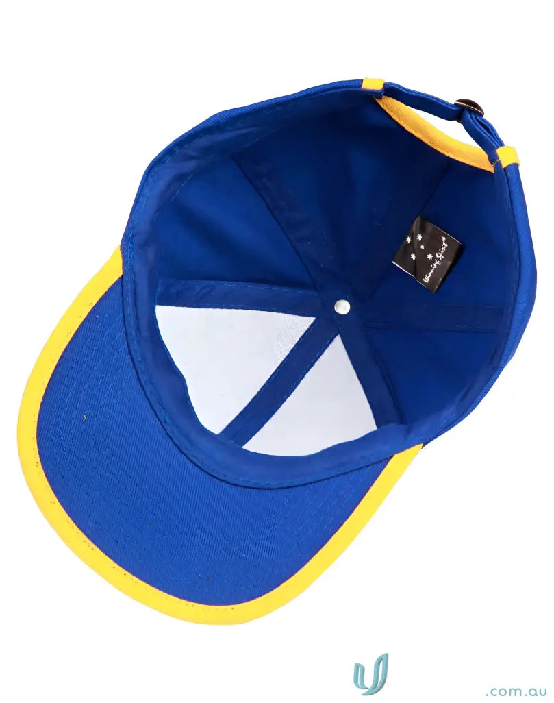 Blue and yellow trim cap interior featuring stylish headwear and winning spirit peak design