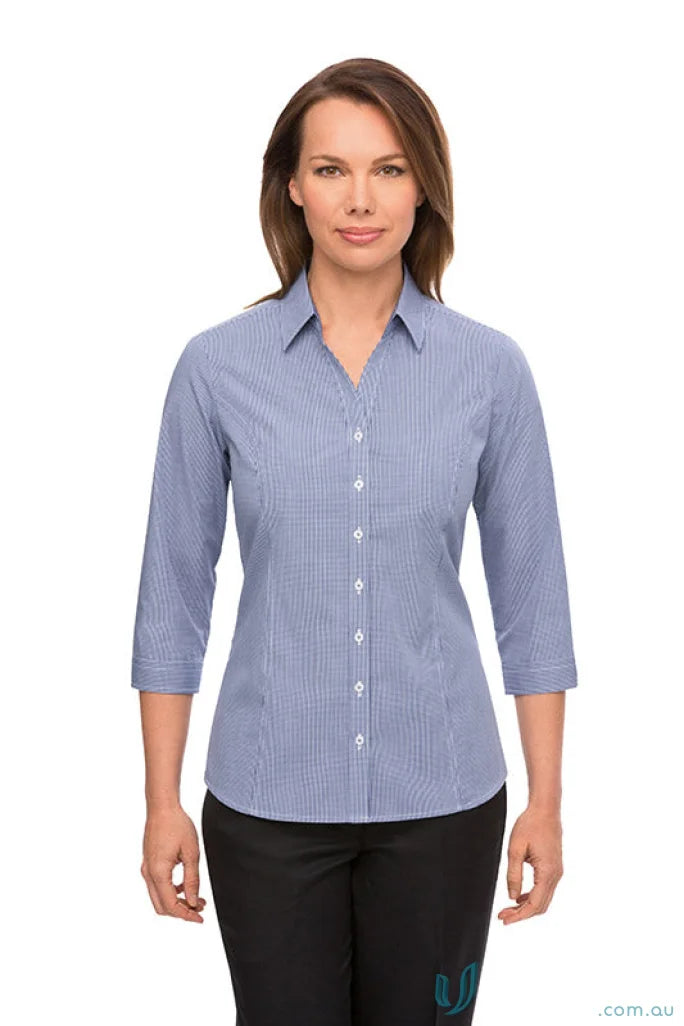 Woman modeling Pippa Check fitted princess line checkered workwear shirt with three-quarter sleeves