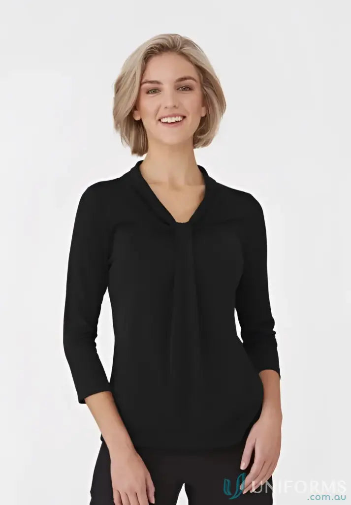 Women’s black V-neck Pippa Knit sleeve blouse with pleated details, stylish top