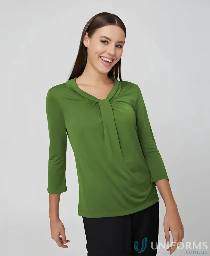 Women’s olive green Pippa Ladies 3Qtr Top with luxurious triple twist pippa knit sleeve blouse