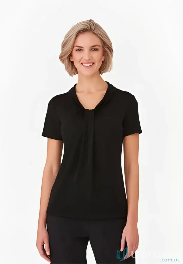 Black short-sleeved blouse with soft draped neckline and comfy fit - Pippa Ladies SS Top