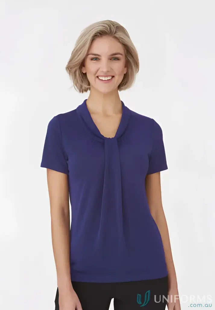 Woman wearing Pippa Ladies SS Top with soft draped neckline and comfy fit