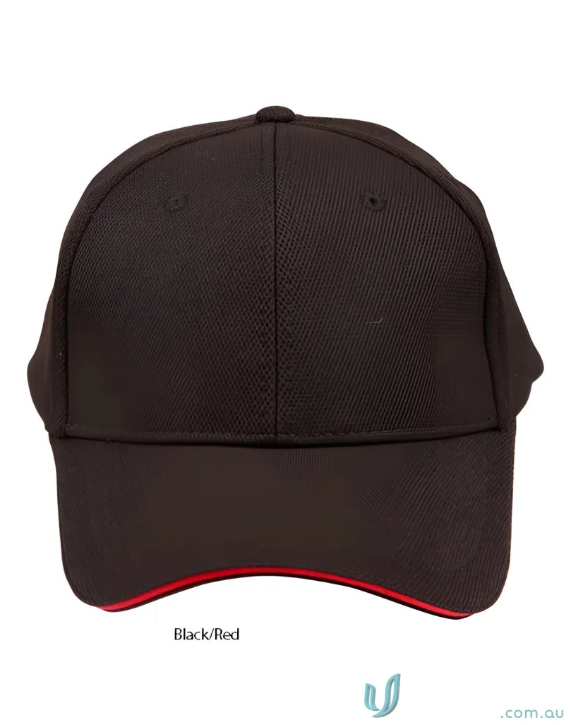 Black mesh safety cap with red trim, perfect for a winning spirit pique look