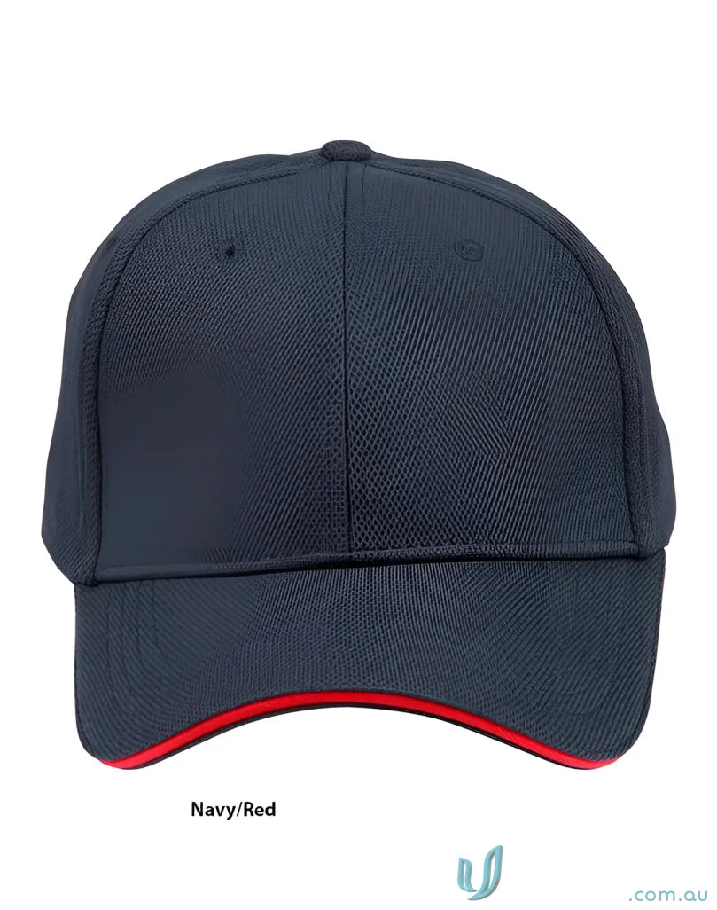 Navy and red mesh safety cap with winning spirit pique for a professional image