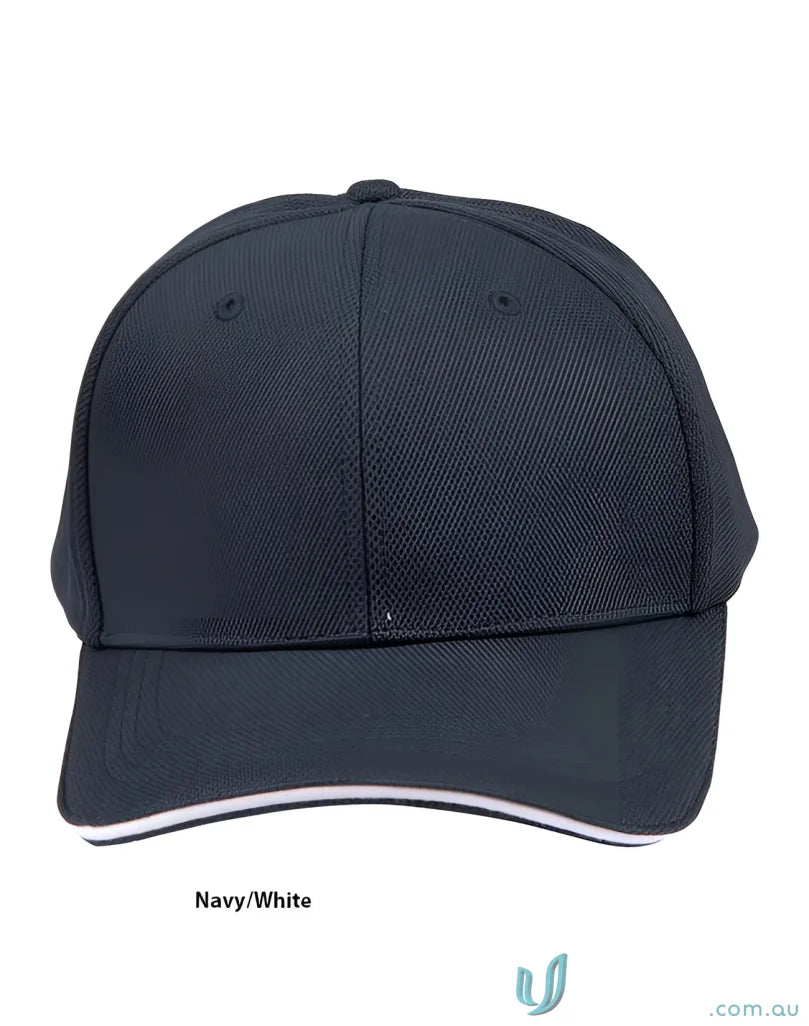 Navy and white mesh safety cap with winning spirit pique for a professional image