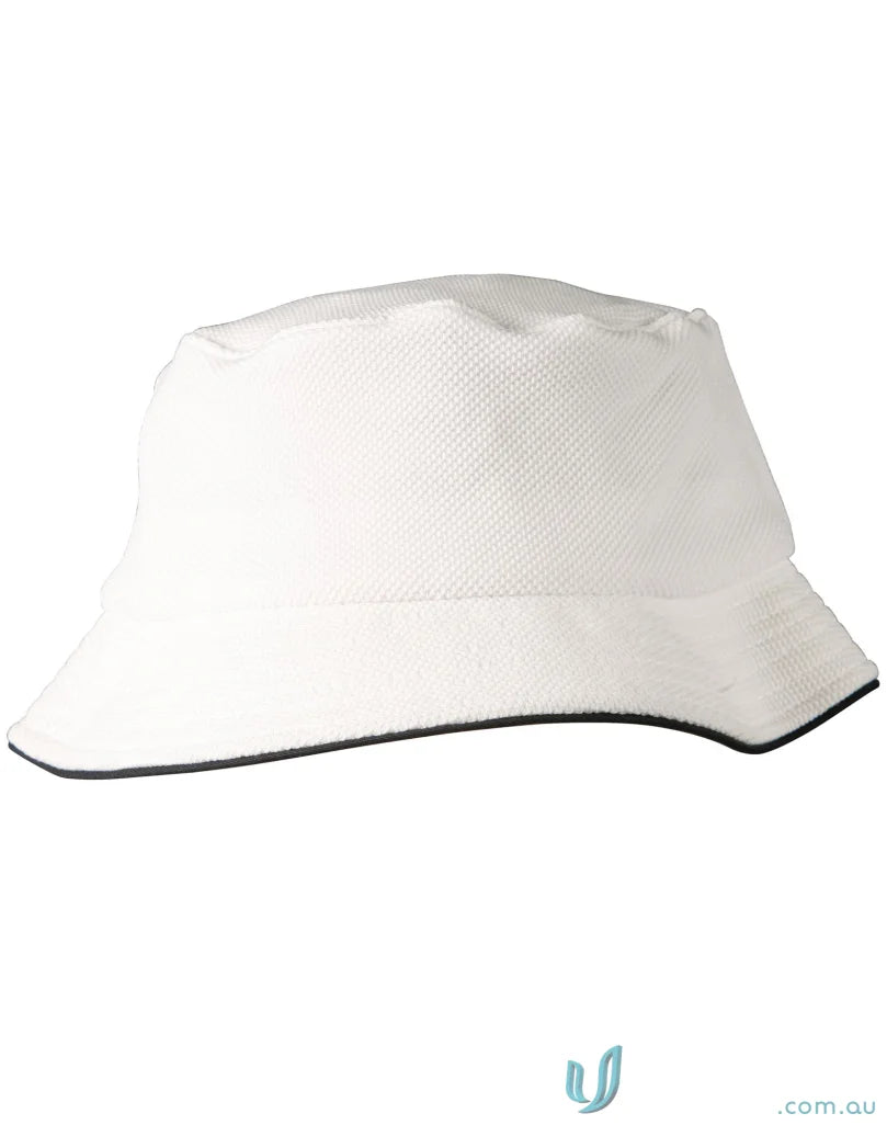 White mesh bucket hat with black trim from Winning Spirit Pique for sun protection