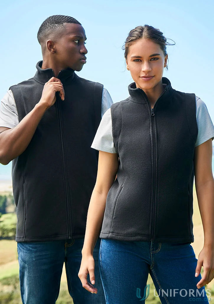 Two models wearing black Plain Micro Fleece Vest fleece vest f633mn from Biz Collection Men’s