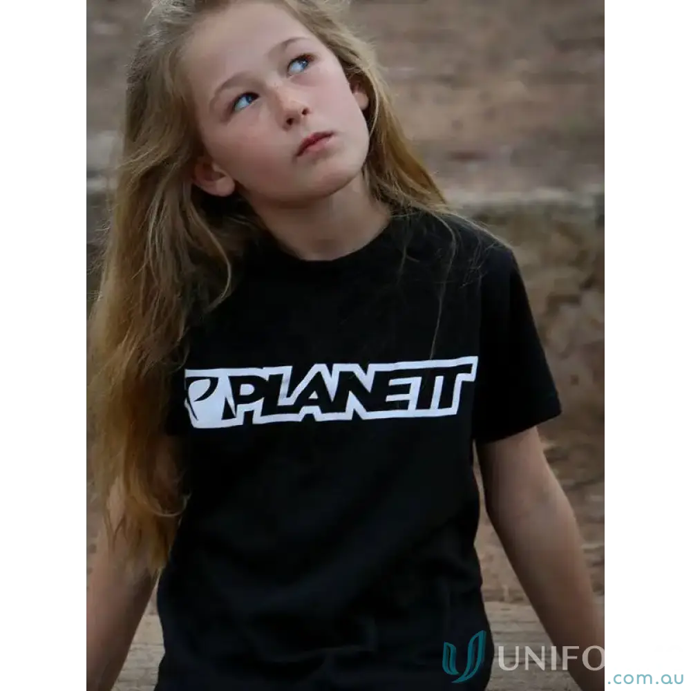 Black t-shirt with white logo.