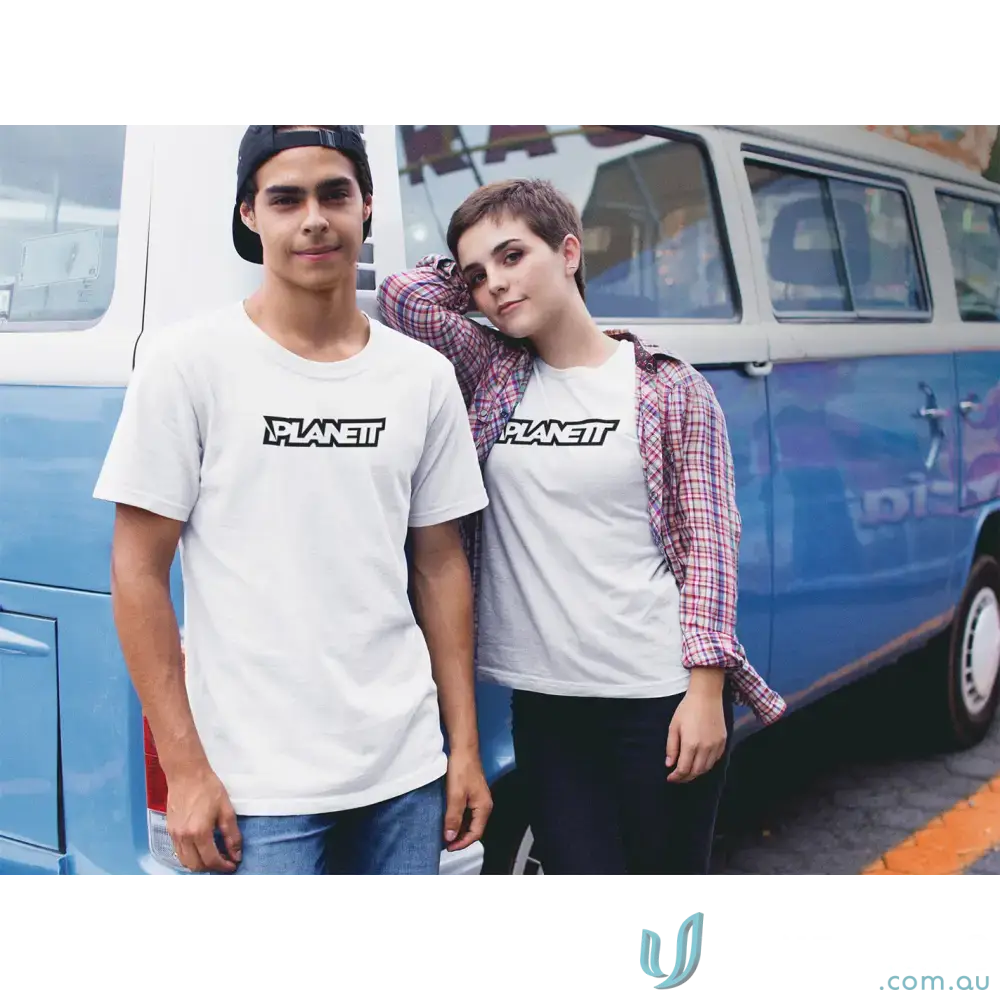 Two people wearing white planett classic tee made from comfy combed cotton classic fabric