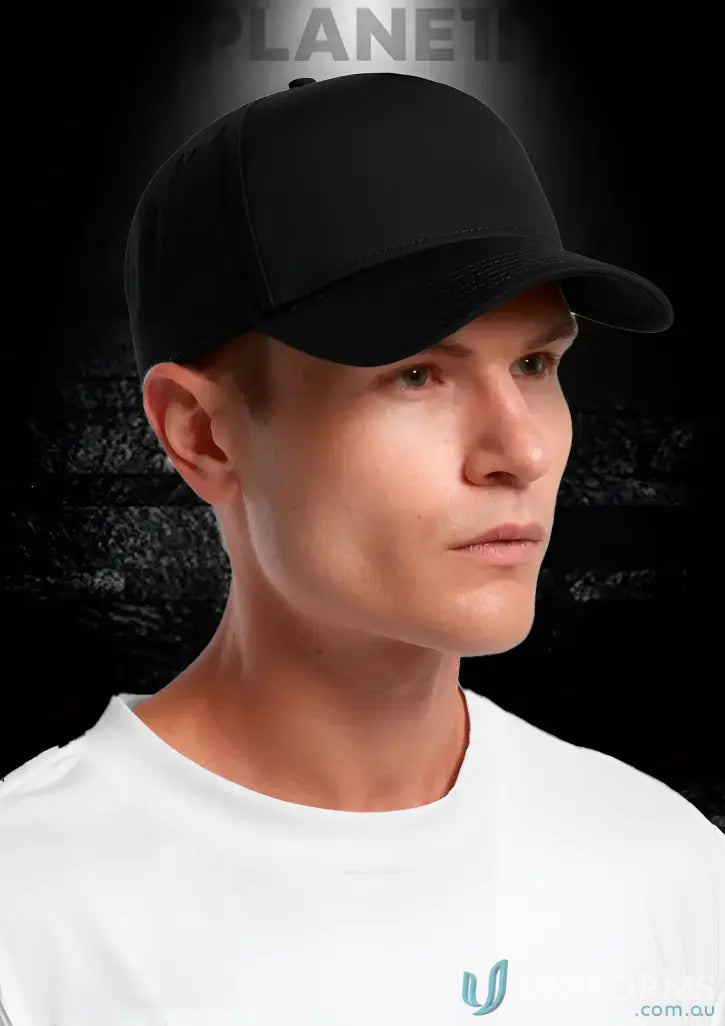 Man wearing Planett Frame Cap with curved peak, plastic snapback, tonal under-peak lining