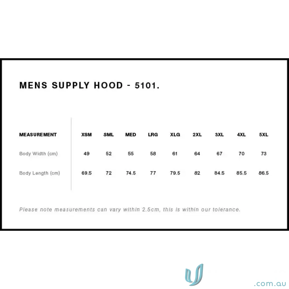 Sizing chart for Planett Hike Hoodie made from ethically sourced Australian cotton 320gsm pullover