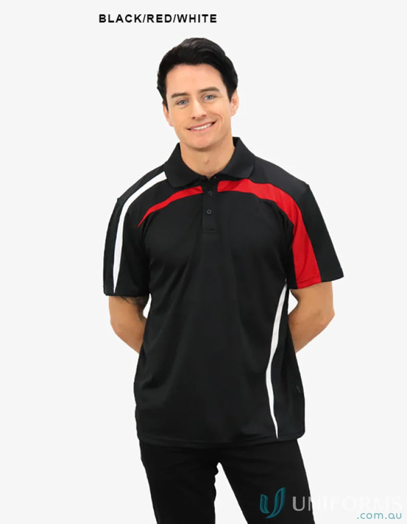 Black, red, and white Planett Polo shirt with cooldry moisture management tech