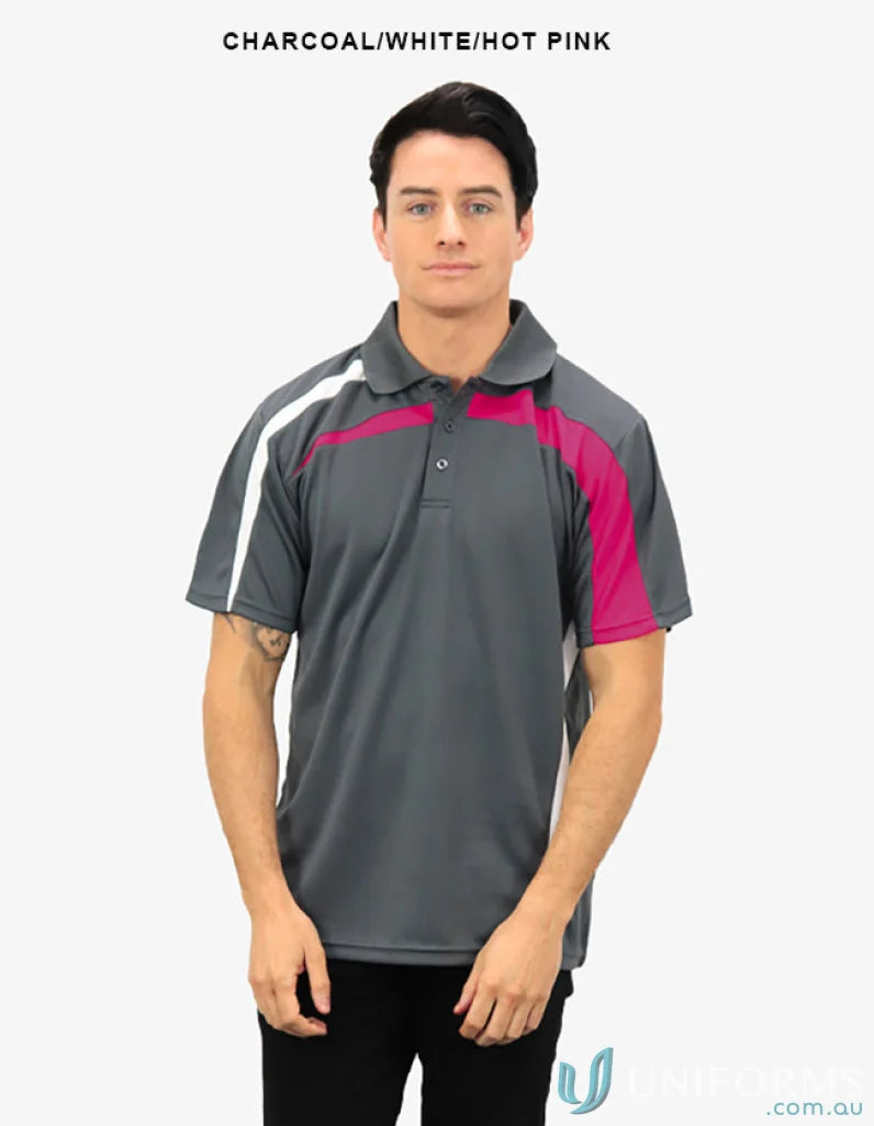 Planett Polo in charcoal, white, hot pink showcasing cooldry technology and moisture management