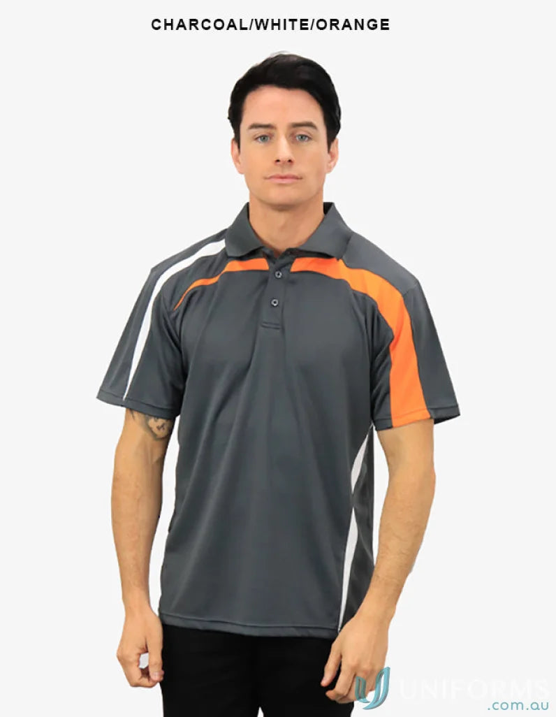 Planett Polo in charcoal white and orange with cooldry moisture management tech