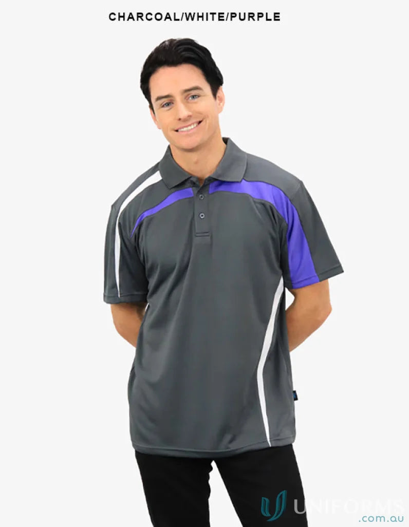 Planett Polo with Charcoal, White, Purple colors featuring cooldry moisture technology