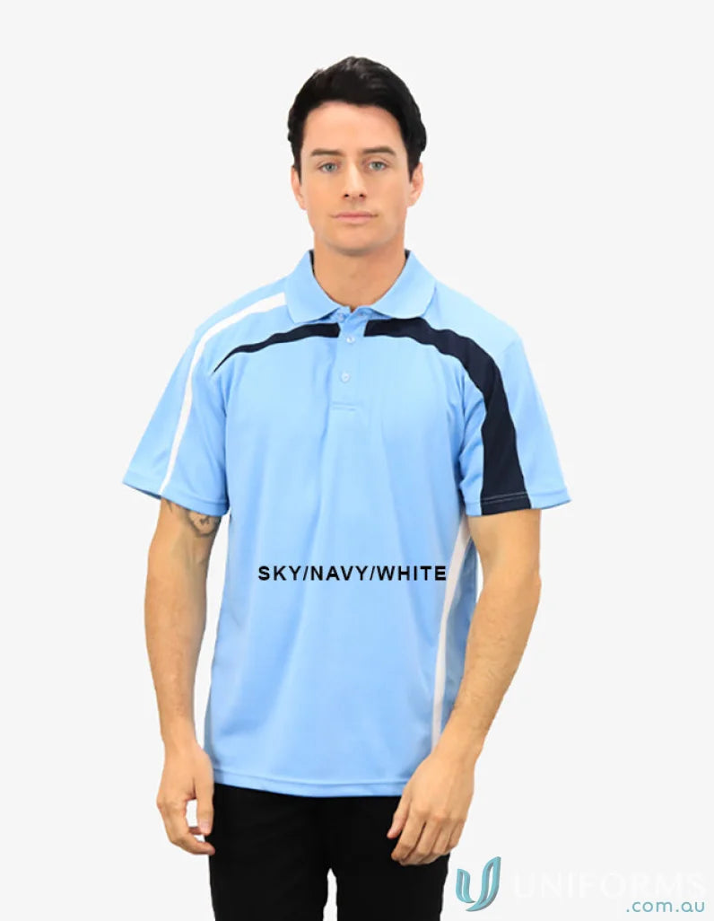 Man wearing Planett Polo with cooldry moisture management tech in sky blue navy white