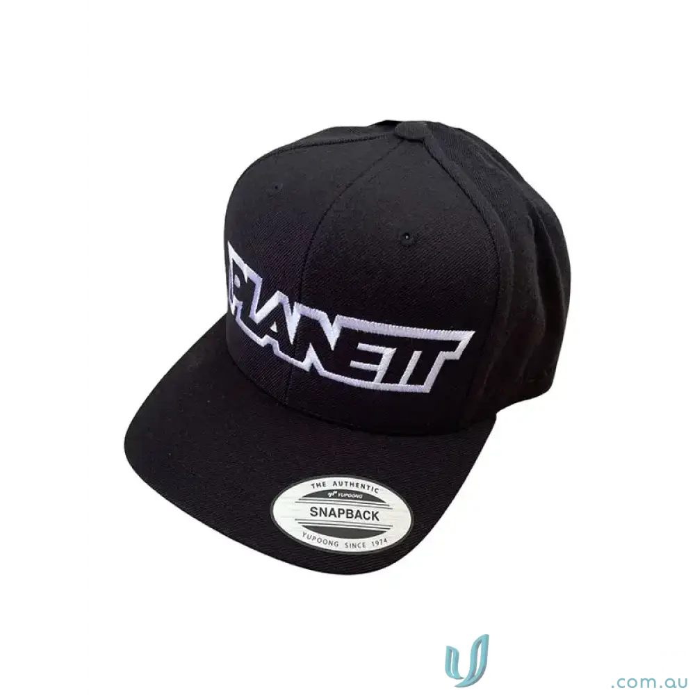 Black Planett Snapback Cap with white embroidery and wool blend eyelets for style