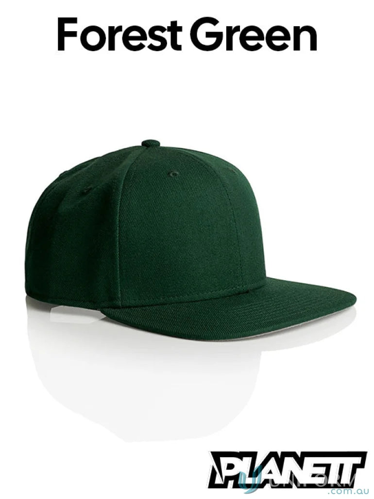 Forest green flat peak cap from Planett Stock Cap, perfect for a high profile snapback look