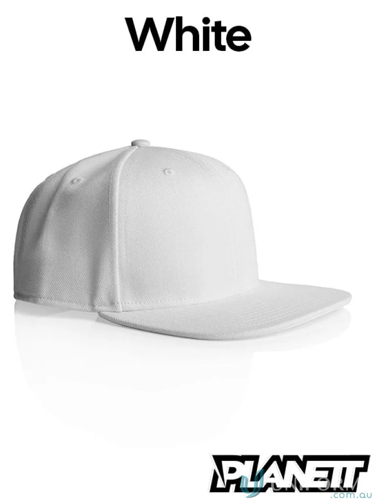 White flat peak cap from Planett Stock Cap, perfect for high profile snapback style