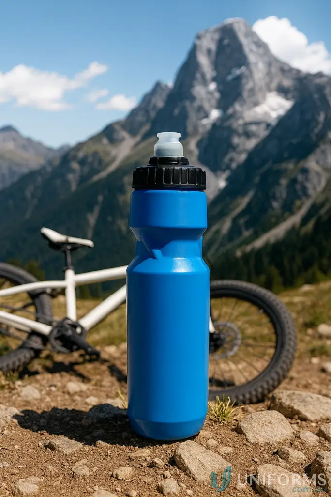 Blue plastic bike bottle with black lid, ideal for Camelbak Podium or uniforms