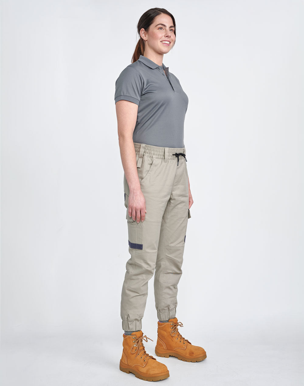PLANETT womens unisex cotton stretch cuffed work pants in beige with gray polo