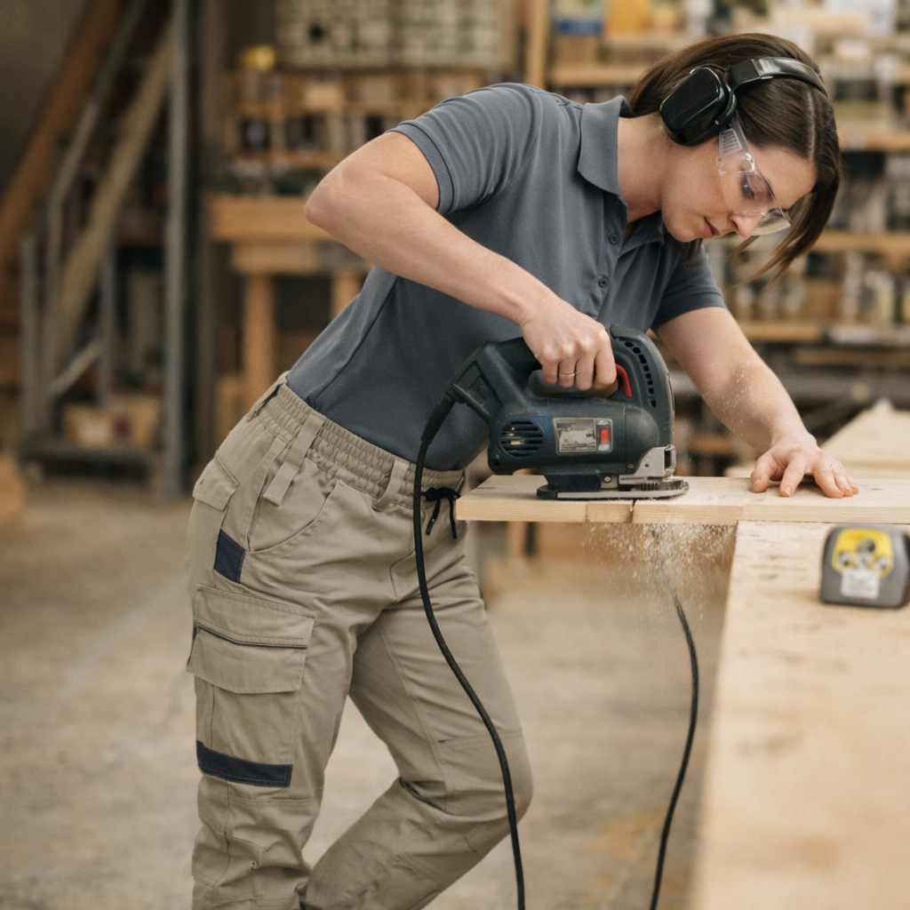 Bosch jigsaw cutting wood while wearing unisex cotton stretch cuffed work pants