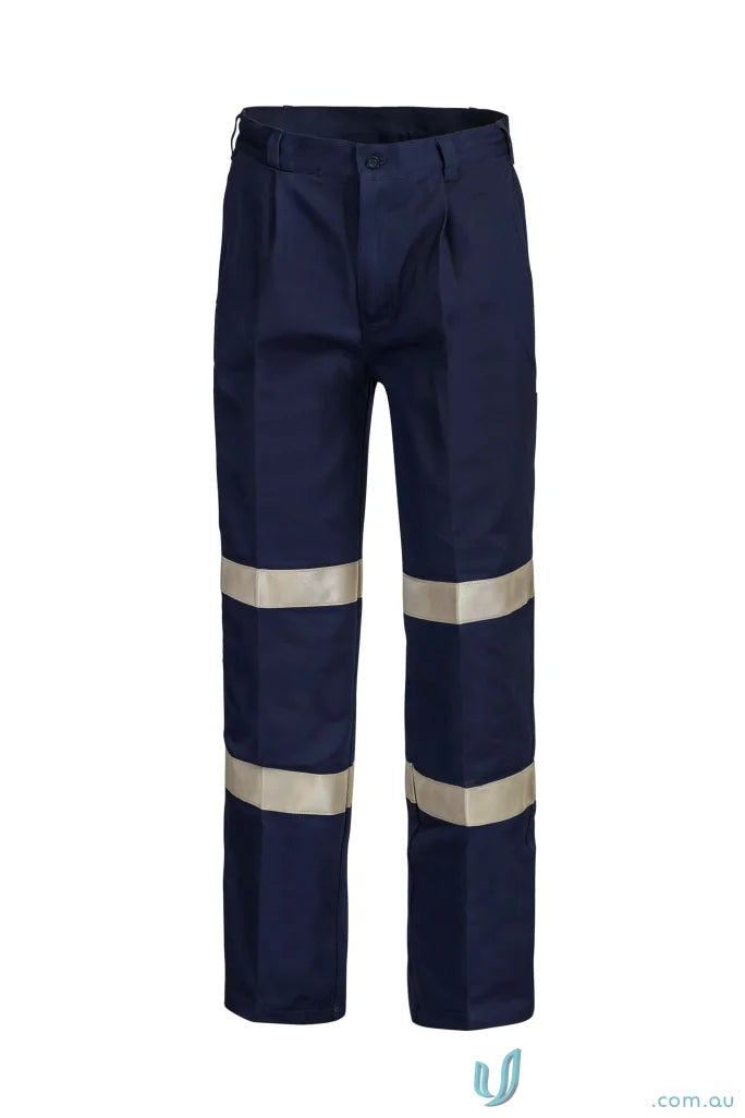 Navy blue workcraft pleat cotton drill trouser with reflective stripes for safety