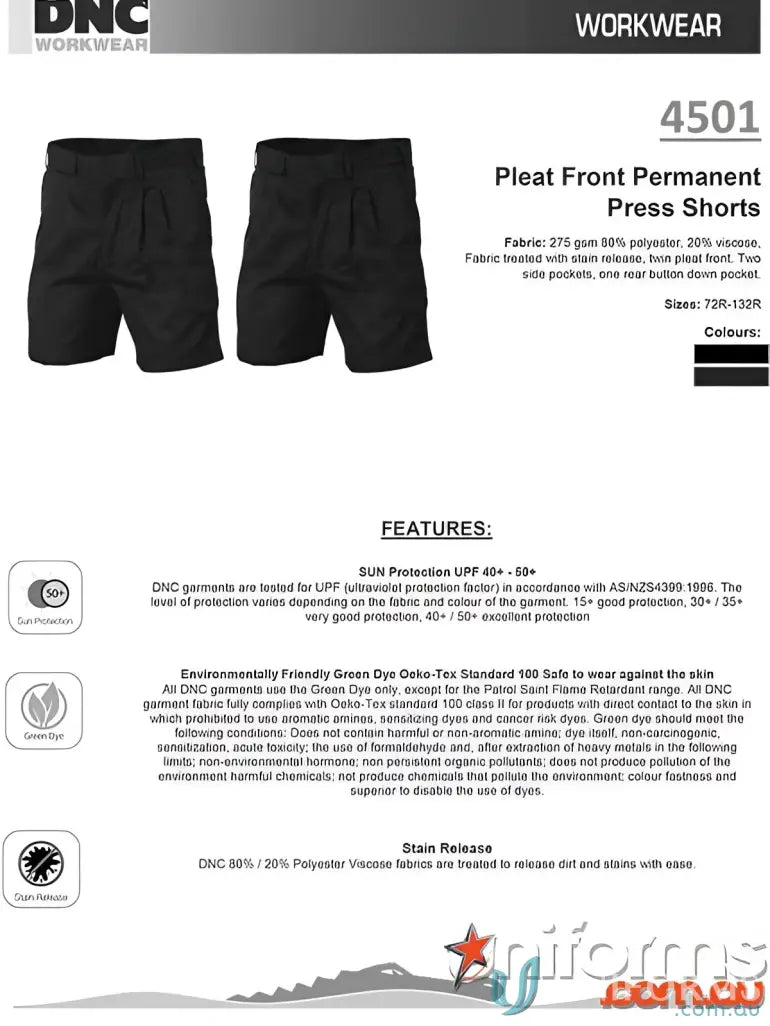 Black pleat front shorts made for a stylish, permanent press look and feel