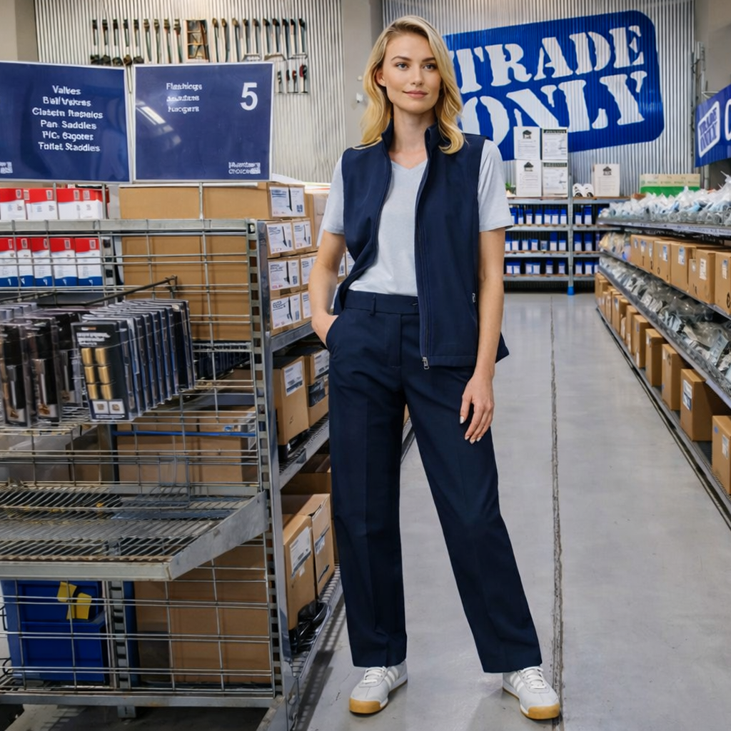 Navy blue zip-front vest with perfect fit, hem allowance for Plumbers Choice work uniforms