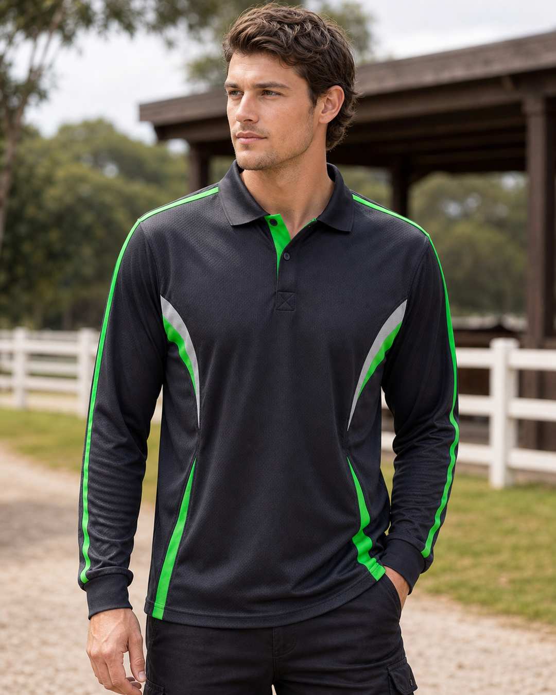 Male model wearing charcoal, green and silver Podium Cool long sleeve polo