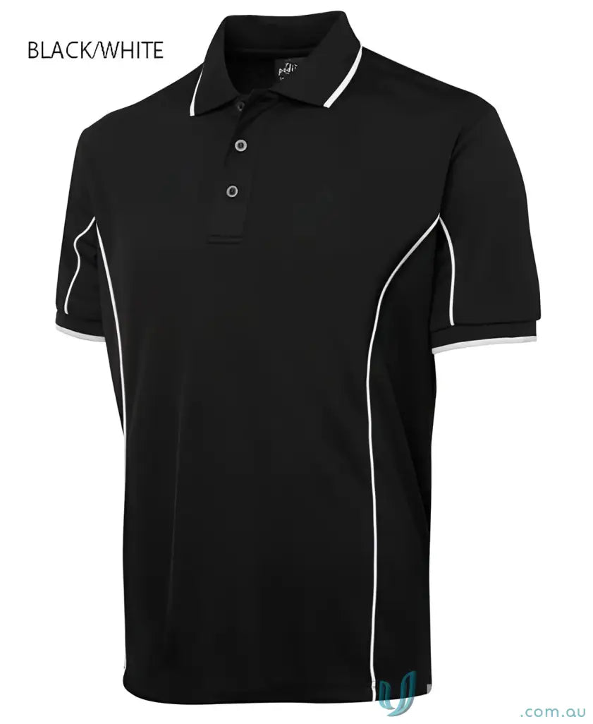 JB’s Podium black polo shirt with white piping, made with Podium Cooling Fabric
