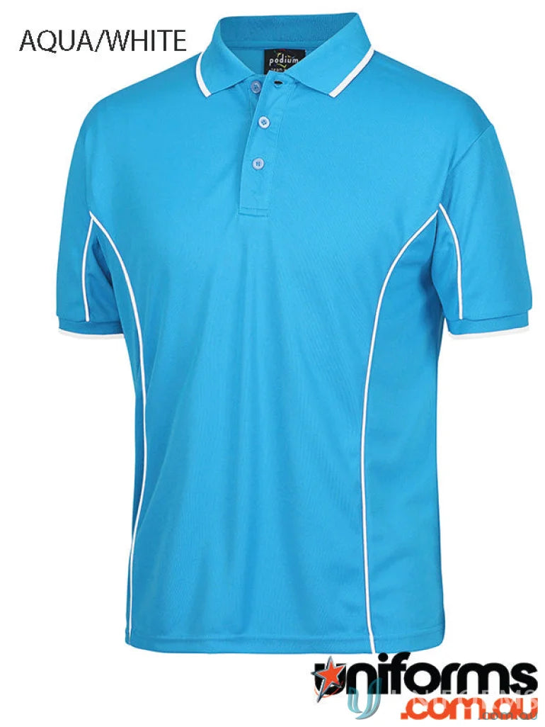 Aqua and white JB’s Podium Piping Polo made with podium cooling fabric, short sleeve