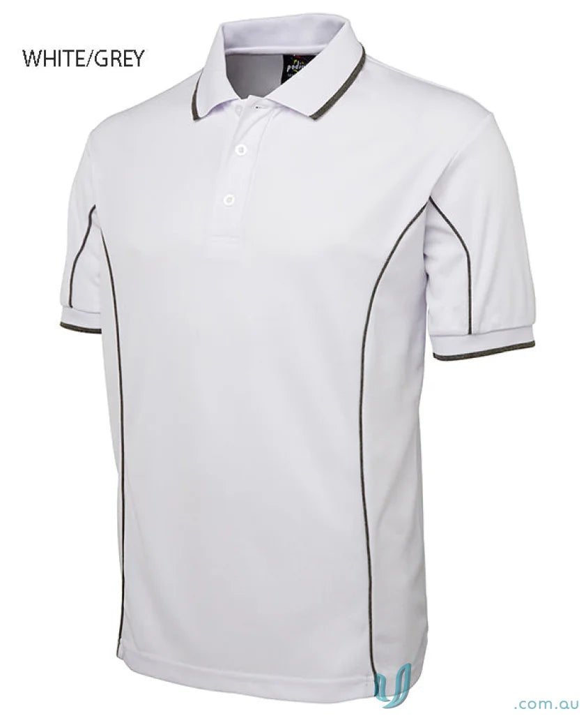White and gray JB’s Podium Piping Polo made with podium cooling fabric, piping short sleeve